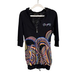 COOGI Rare Y2K Black Hoodie with Multicolor Wave Design Size S Streetwear